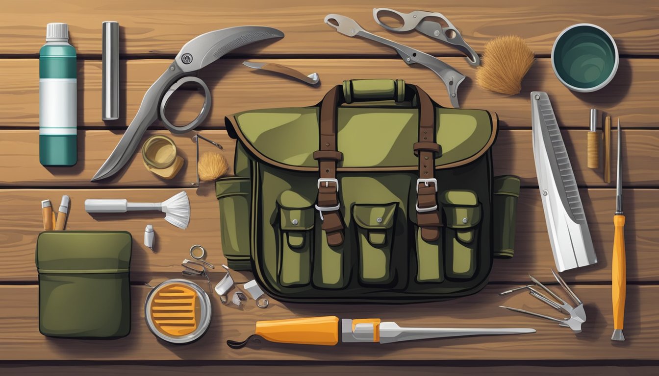 A hunter's field dressing kit laid out on a wooden table, surrounded by various tools and supplies for maintaining and cleaning hunting gear