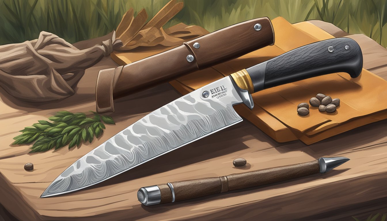 A deer field dressing knife being sharpened on a whetstone, with a leather sheath and a small bottle of oil nearby