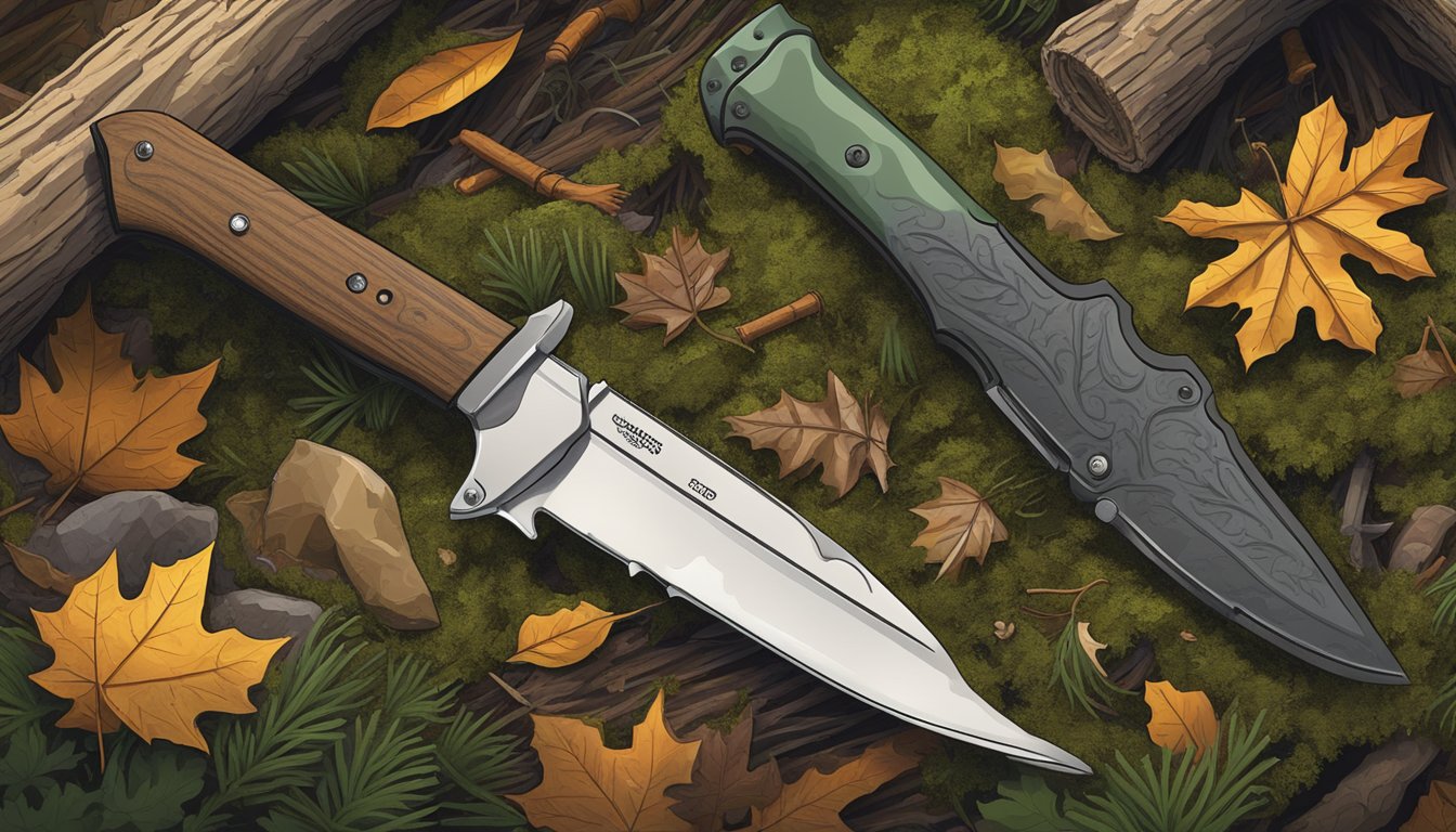 A hunting knife, bone saw, and gut hook lay on a mossy forest floor surrounded by fallen leaves and pine needles