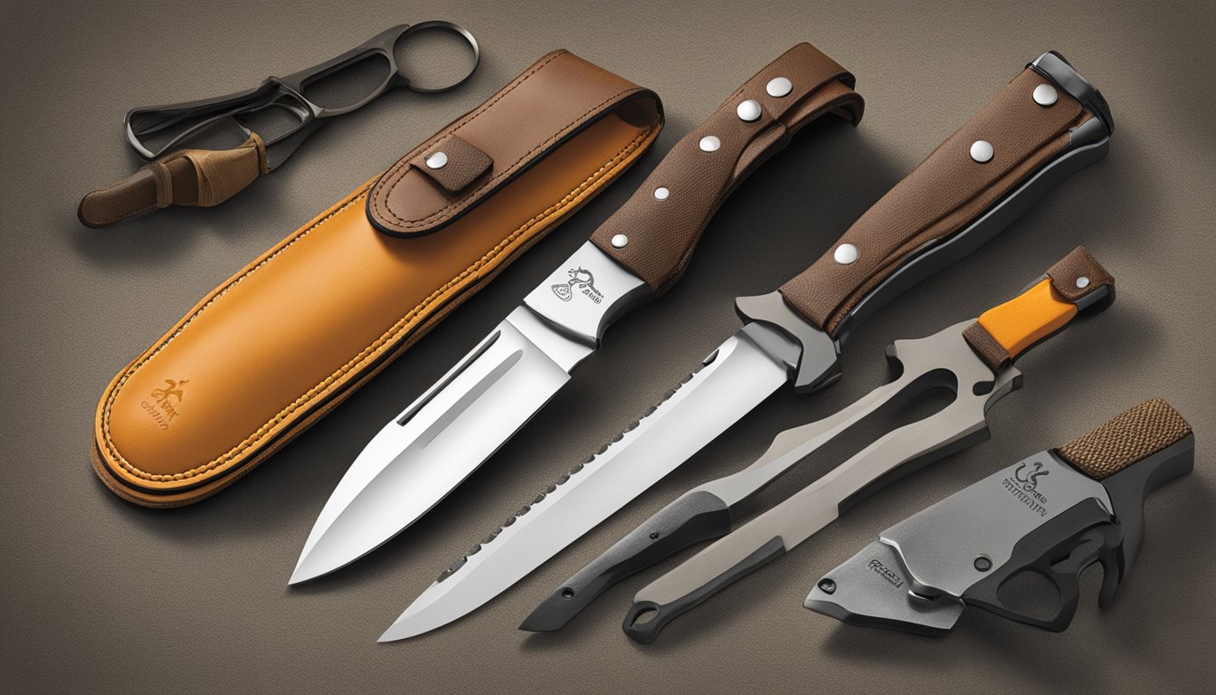 A browning blaze field dressing set showcasing the knife's sharp edge and durable handle, surrounded by hunting gear