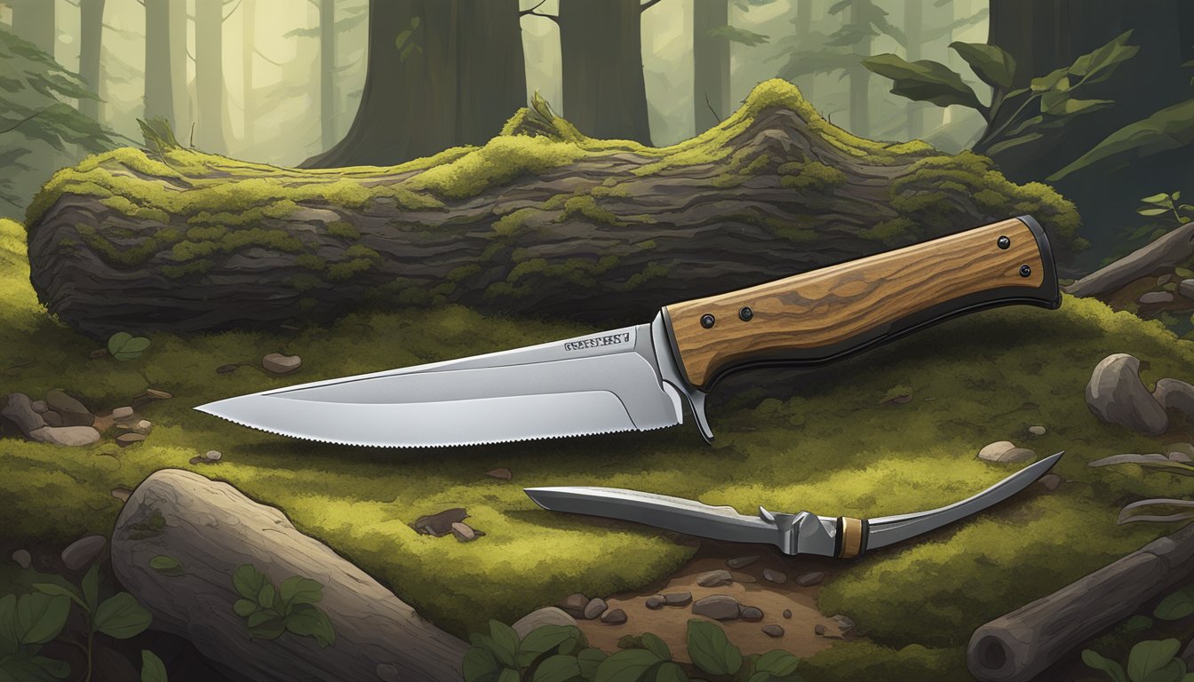 A hunting knife, bone saw, and gut hook lay on a mossy forest floor next to a freshly harvested deer