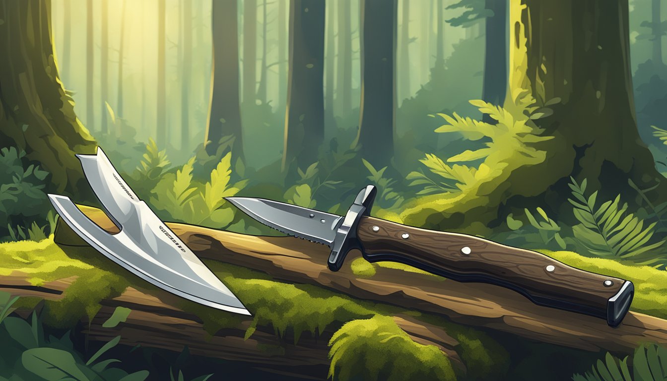 A hunting knife, gut hook, and saw lay on a mossy log in a forest clearing. The blades glint in the dappled sunlight