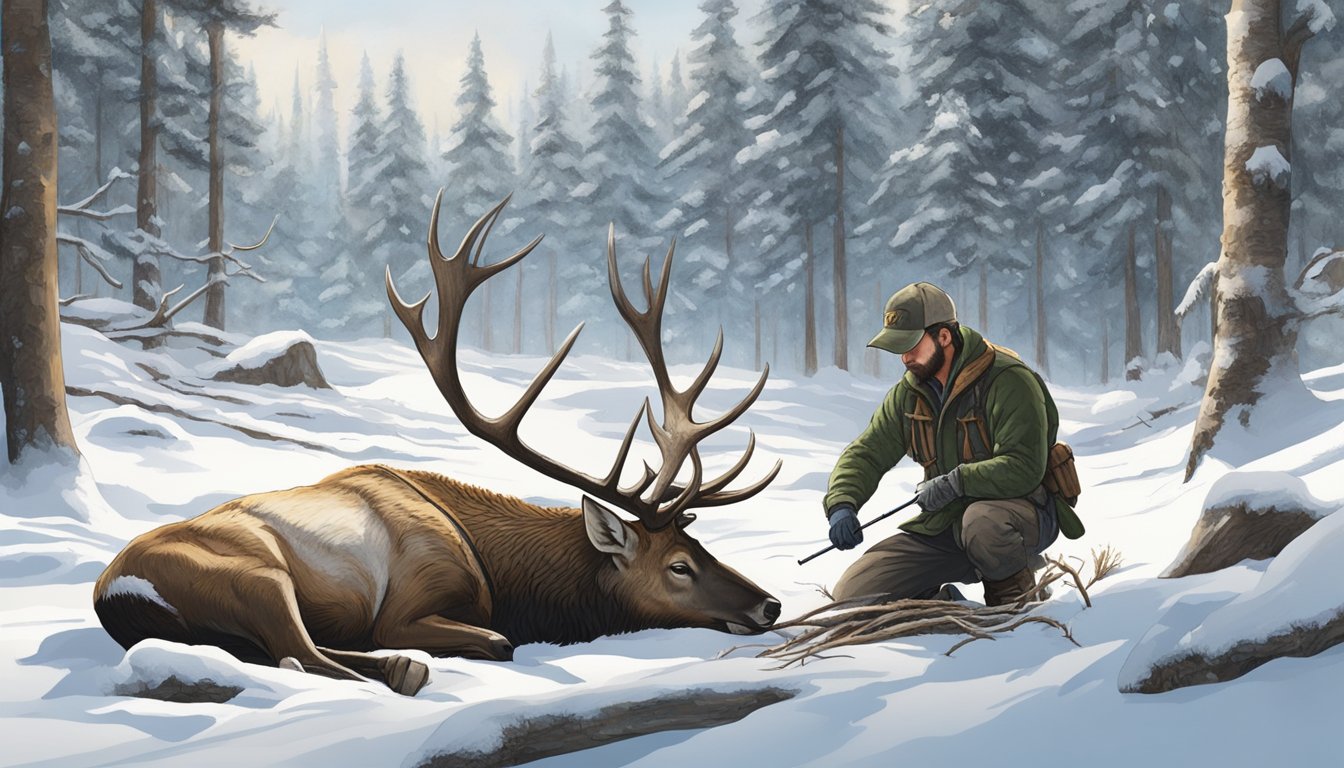 A hunter expertly field dresses an elk carcass in a snowy forest clearing