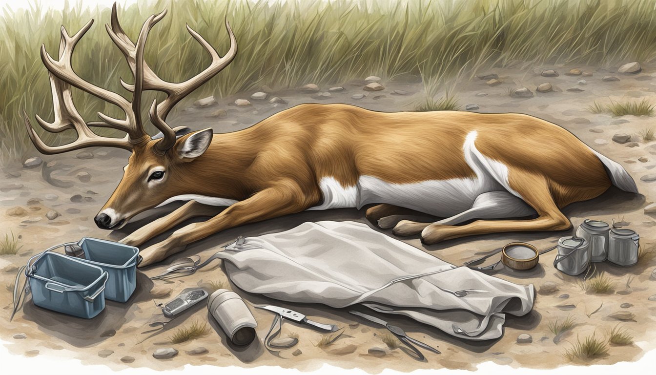 A deer carcass laid out with field dressing equipment nearby