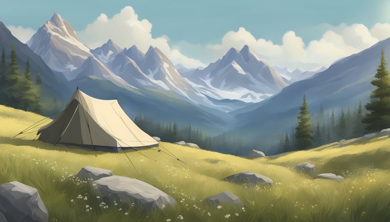 A serene mountain meadow, adorned with linen bandages and aiming accessories, set against a backdrop of rugged peaks