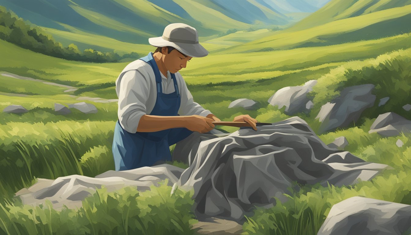 A character skillfully crafts linen field dressing in a lush mountainous setting, focusing on precision and concentration