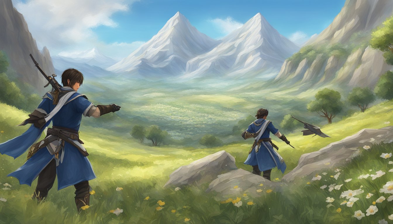 A linen field dressing of aiming set against a backdrop of the majestic ffxiv mountain