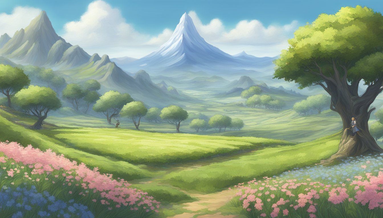 A serene mountain landscape with fields of linen plants, a character preparing a virtual compatibility dressing for aiming in the game FFXIV