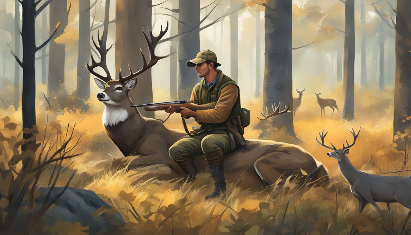 A hunter carefully field dresses and skins a deer in a wooded clearing