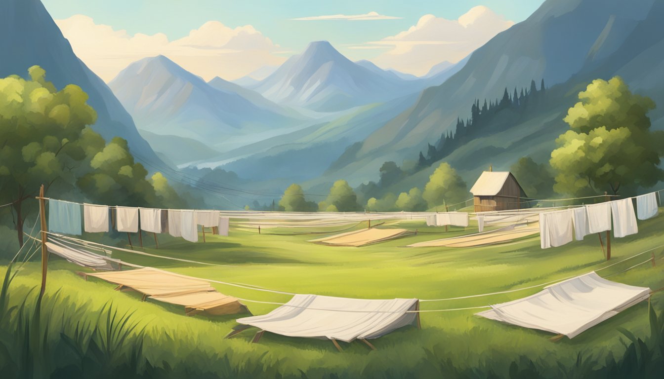 A tranquil mountain field with linen drying on lines, surrounded by a supportive community