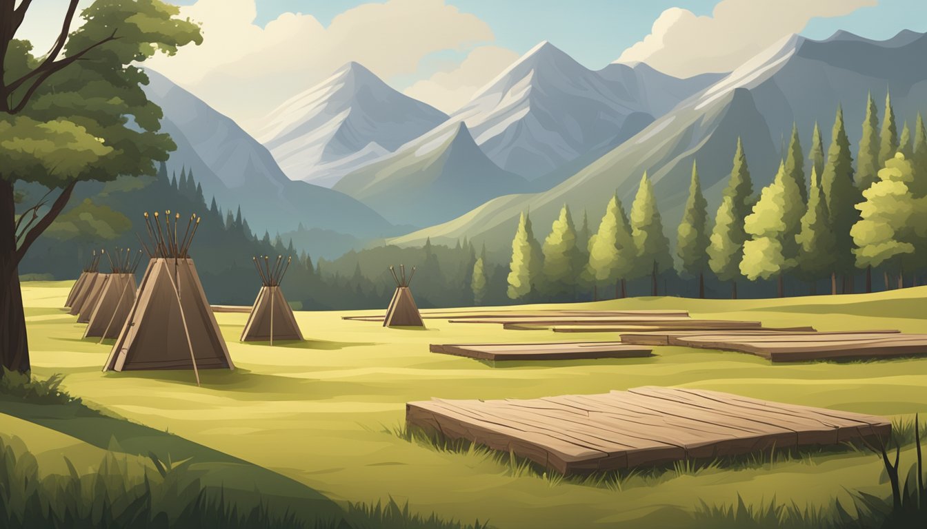 A mountainous field with linen draped over wooden targets for archery practice