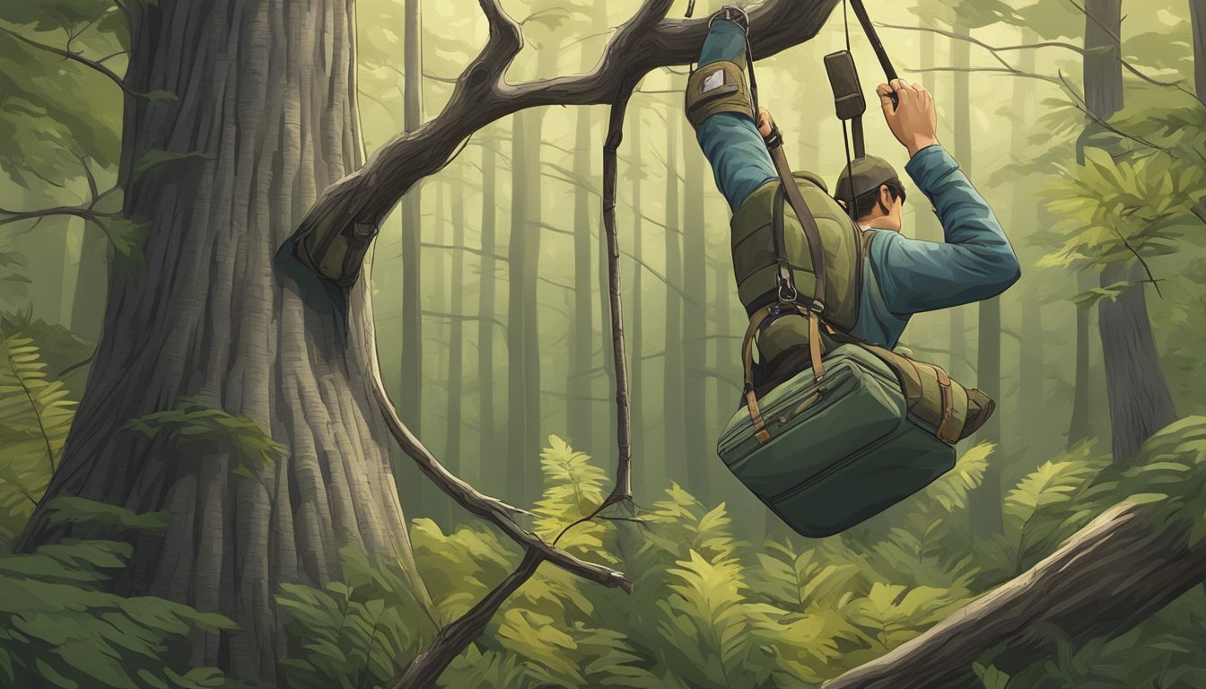 A hunter's hand reaches for a field dressing bag hanging from a tree branch in a dense forest