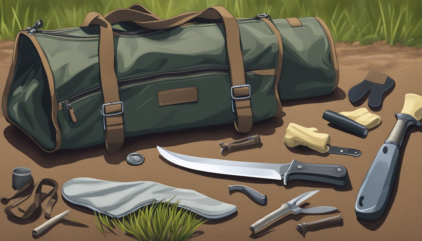 A field dressing bag open on the ground, surrounded by a hunting knife, bone saw, and latex gloves