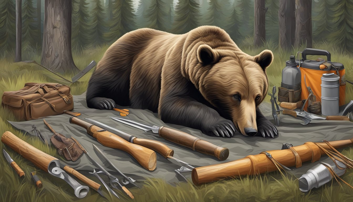 A bear carcass laid out on a tarp, surrounded by hunting tools and equipment, with a skilled hunter preparing to field dress the animal