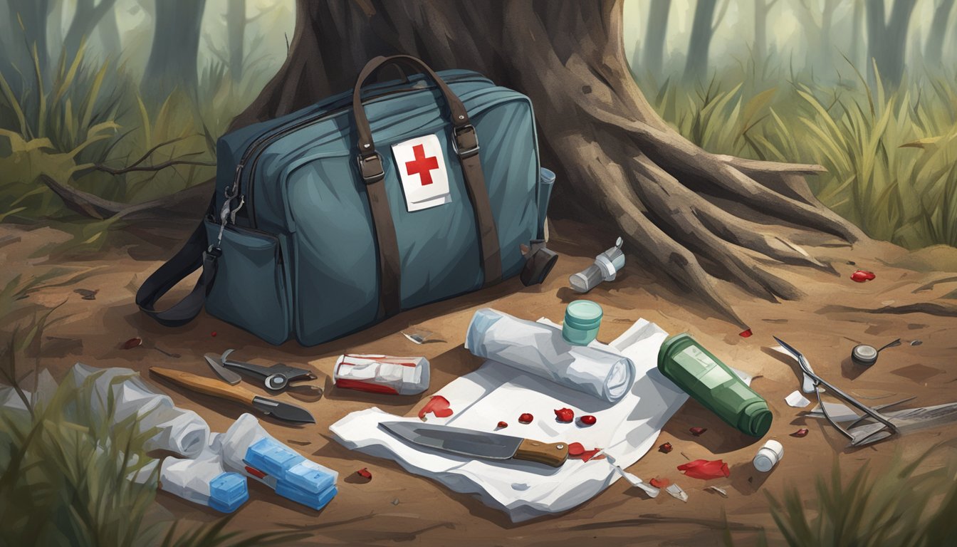 A field dressing bag hanging from a tree branch, surrounded by scattered medical supplies and a blood-stained knife on the ground