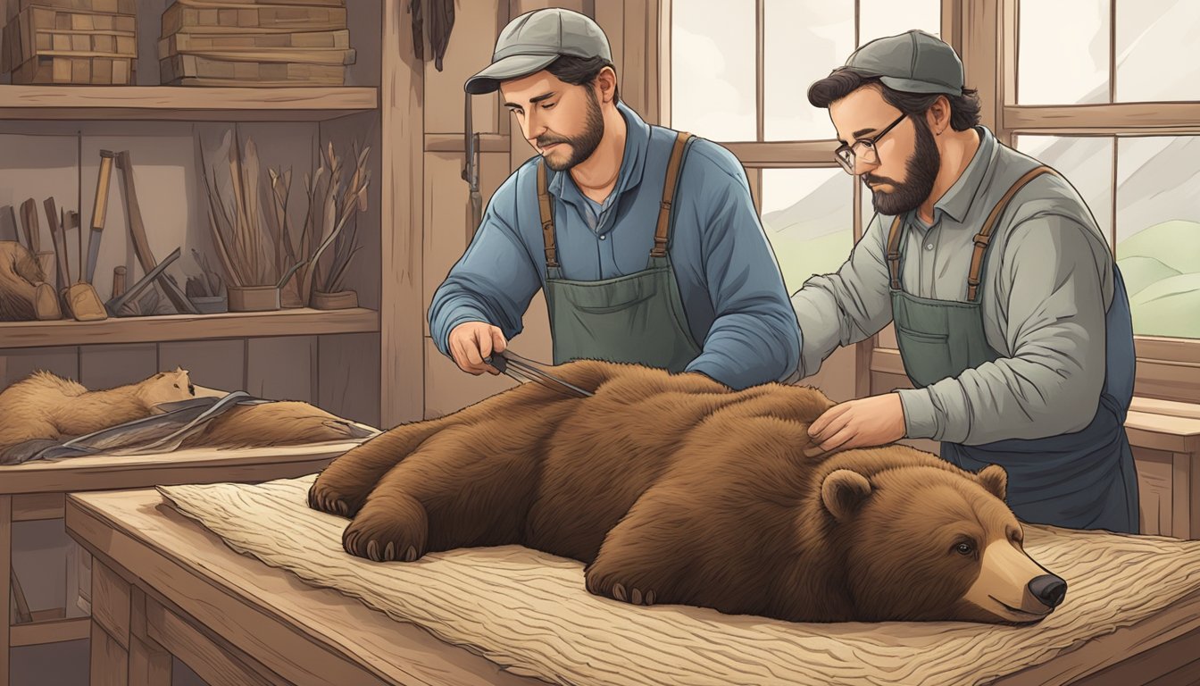 A taxidermist field dresses a bear, carefully skinning and preparing it for a rug