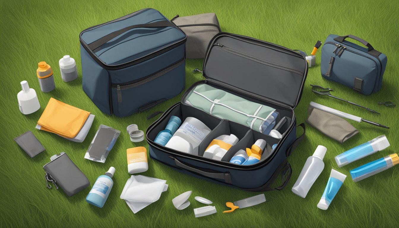 A field dressing bag sits open on a grassy clearing, surrounded by various accessories and kits