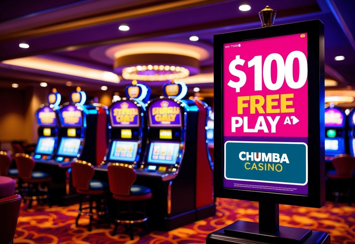 A colorful casino setting with slot machines and gaming tables, featuring a prominent sign advertising "$100 free play" at Chumba Casino