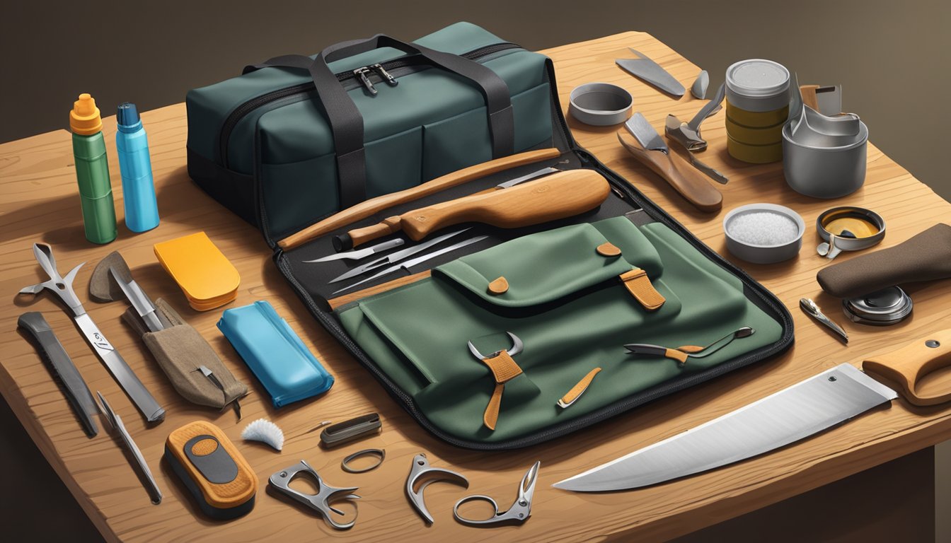 A hunter's field dressing bag open on a wooden table, surrounded by various tools and equipment such as knives, gloves, and a game cleaning kit