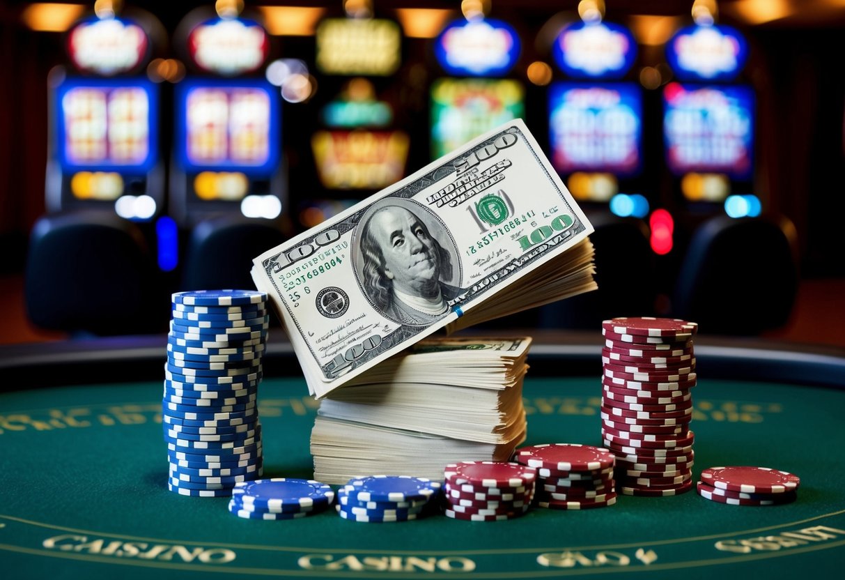 A stack of $100 bills surrounded by casino chips and slot machines