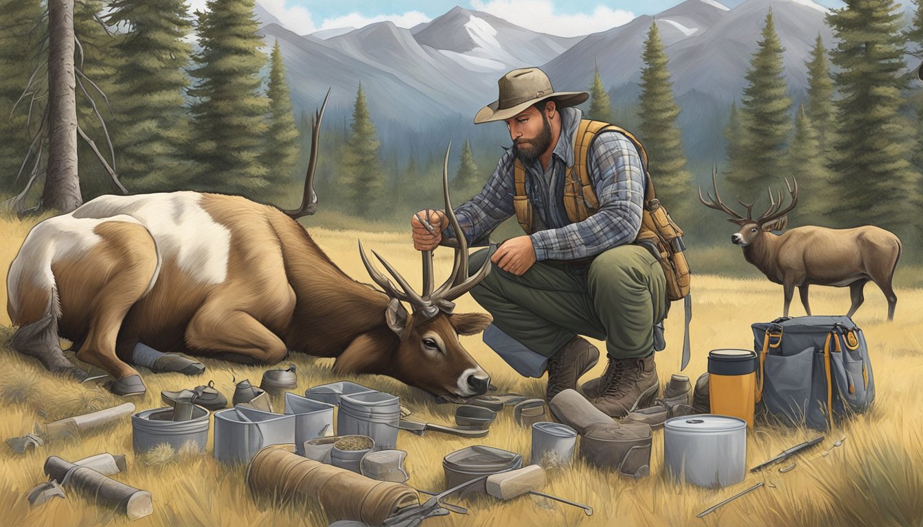 A hunter crouches beside a cow elk, surrounded by tools and a field dressing kit, preparing to begin the process