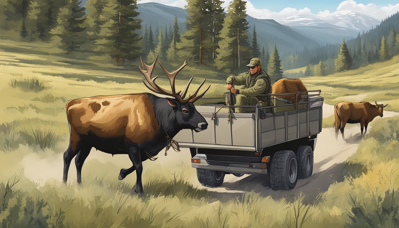 A hunter transports a cow elk for field dressing