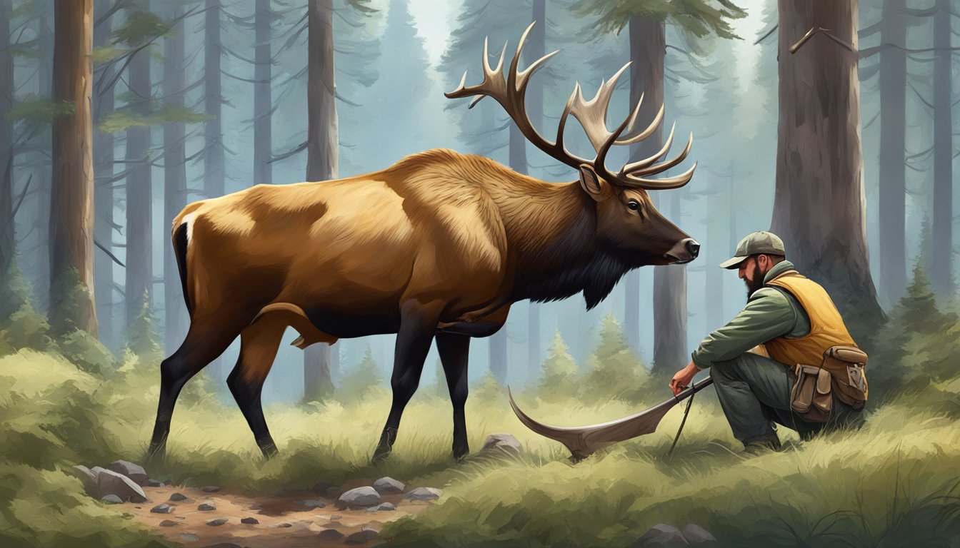 A hunter carefully field dresses a cow elk in a forest clearing