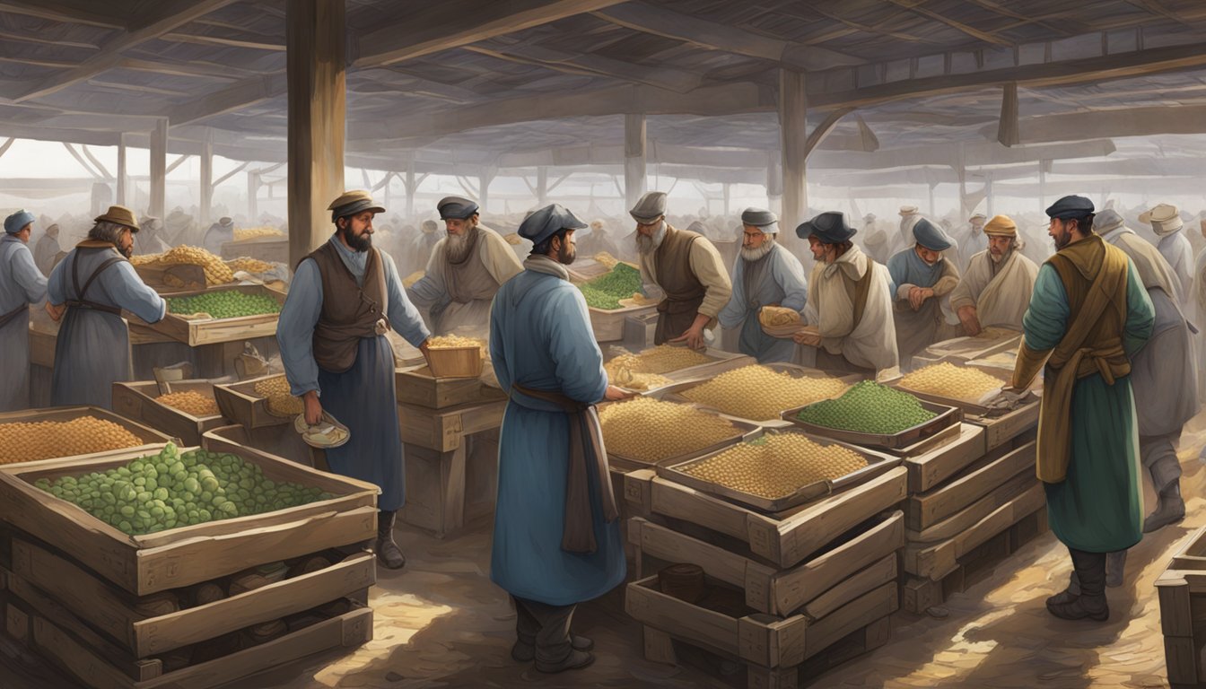 A bustling field dressing station with radstag carcasses, crates of trade goods, and traders haggling over prices