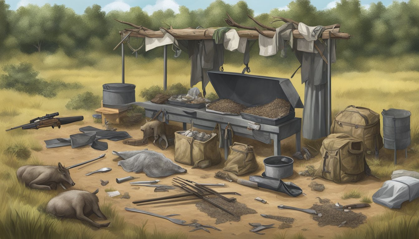 A radstag field dressing station with scattered tools and animal carcasses