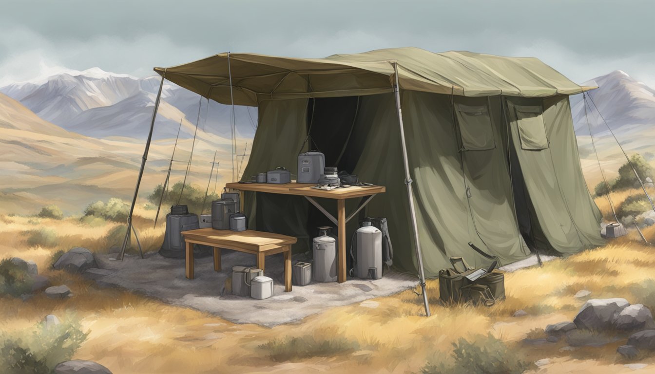 A radstag field dressing station with various enhancements and buffs scattered around