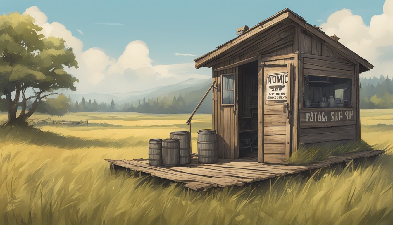 A rustic, dilapidated wooden shack in a grassy field, with a sign reading "Atomic Shop and Customization" and a makeshift radstag field dressing station