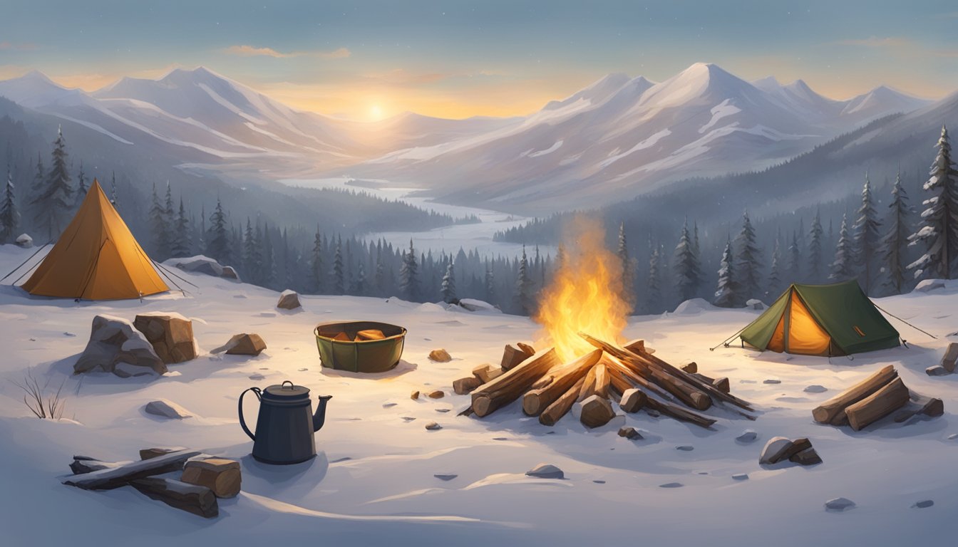 A snowy landscape with a small campsite, a bonfire, and various tools and supplies scattered around for field dressing in Pagos Field