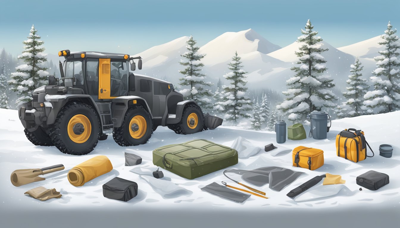 A snowy landscape with scattered Pagos equipment pieces and a field dressing kit