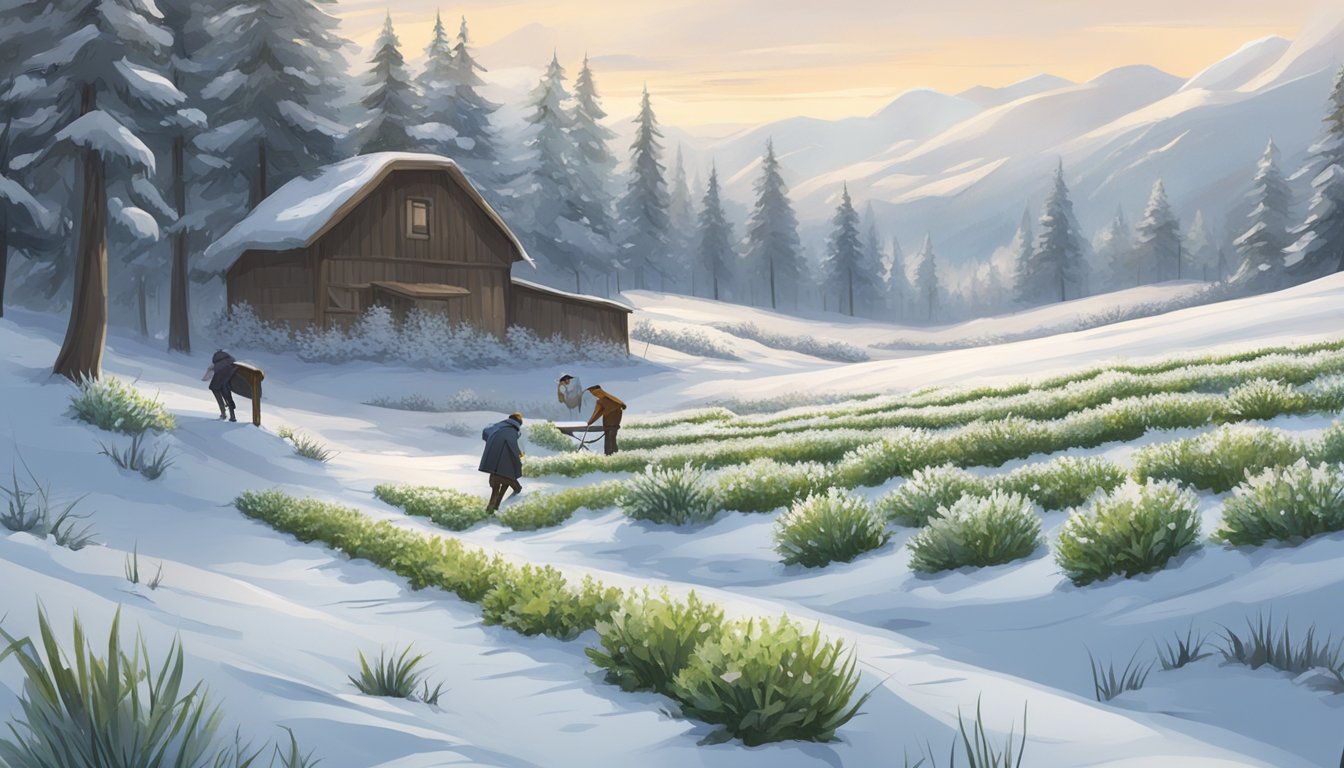 A character gathering herbs and plants in a snowy field