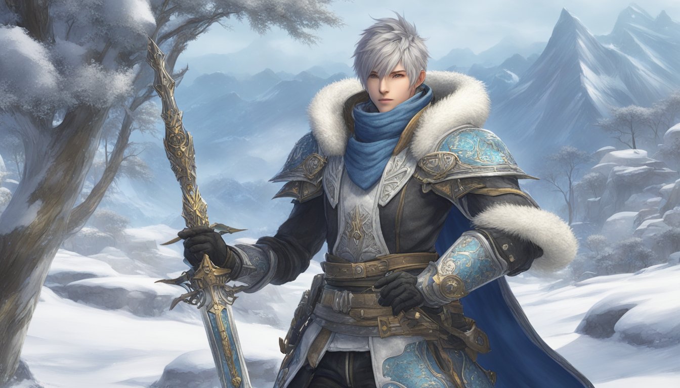 A character in the game Final Fantasy XIV is shown customizing their equipment in the snowy Pagos field, surrounded by icy terrain and wintry vegetation