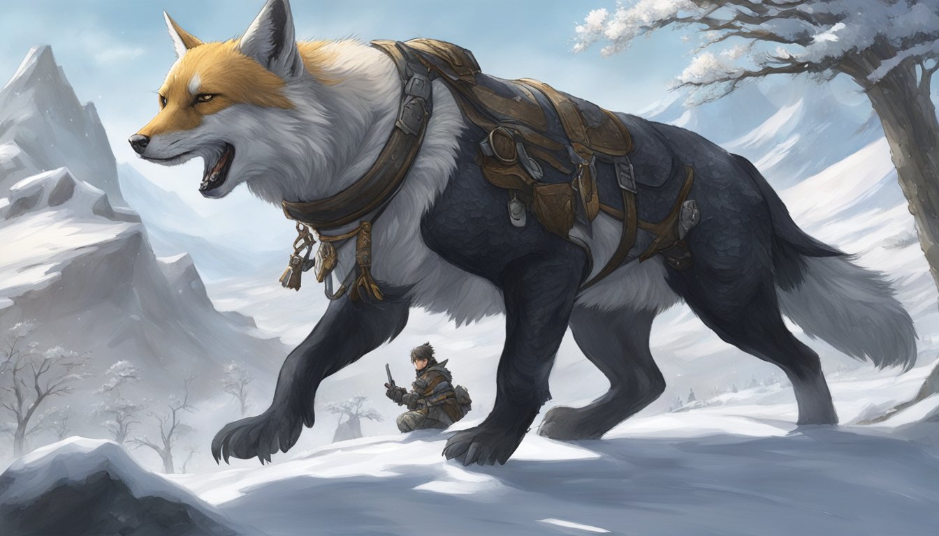 A character from ffxiv is seen skillfully field dressing a hunted animal in the snowy landscape of Pagos