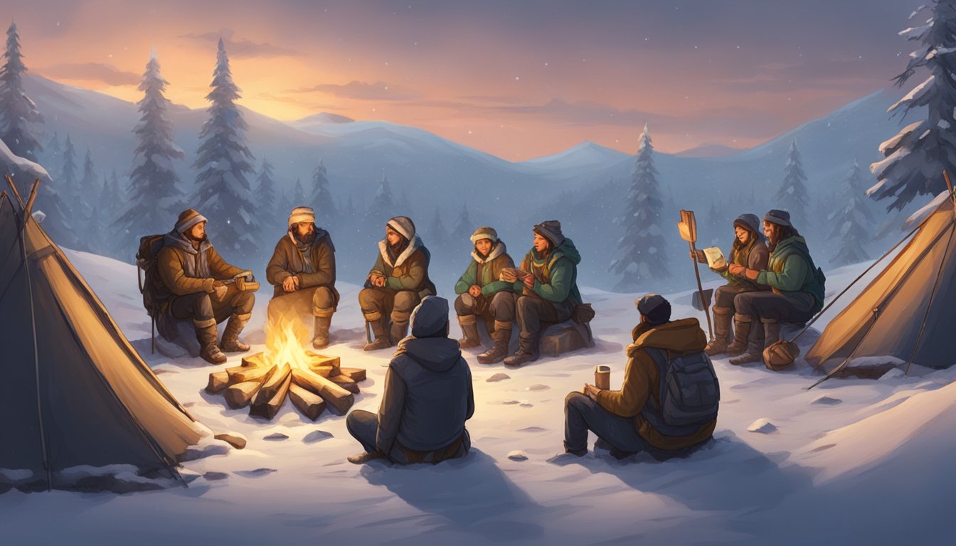 A group of adventurers gather around a campfire in the snowy Pagos field, sharing stories and offering support to one another