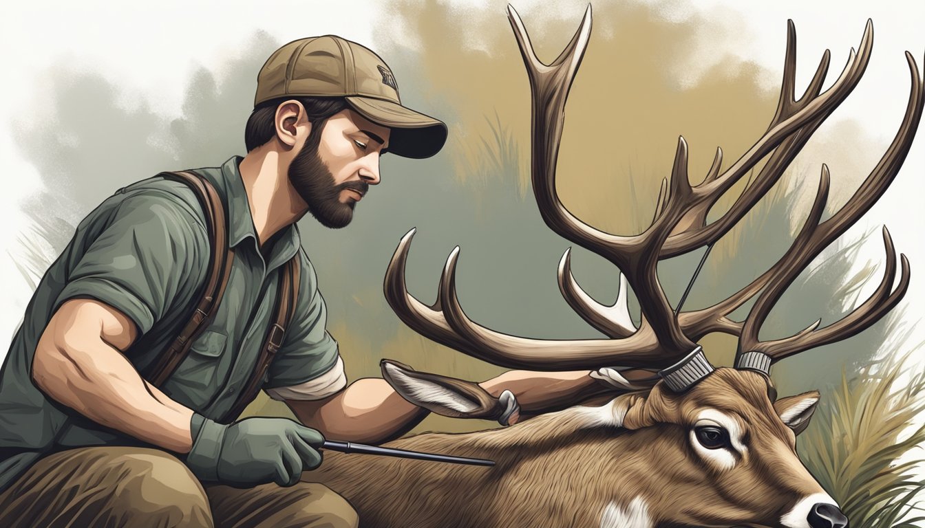 A hunter carefully removes the hide from the deer, revealing the intricate details of the animal's musculature and bone structure