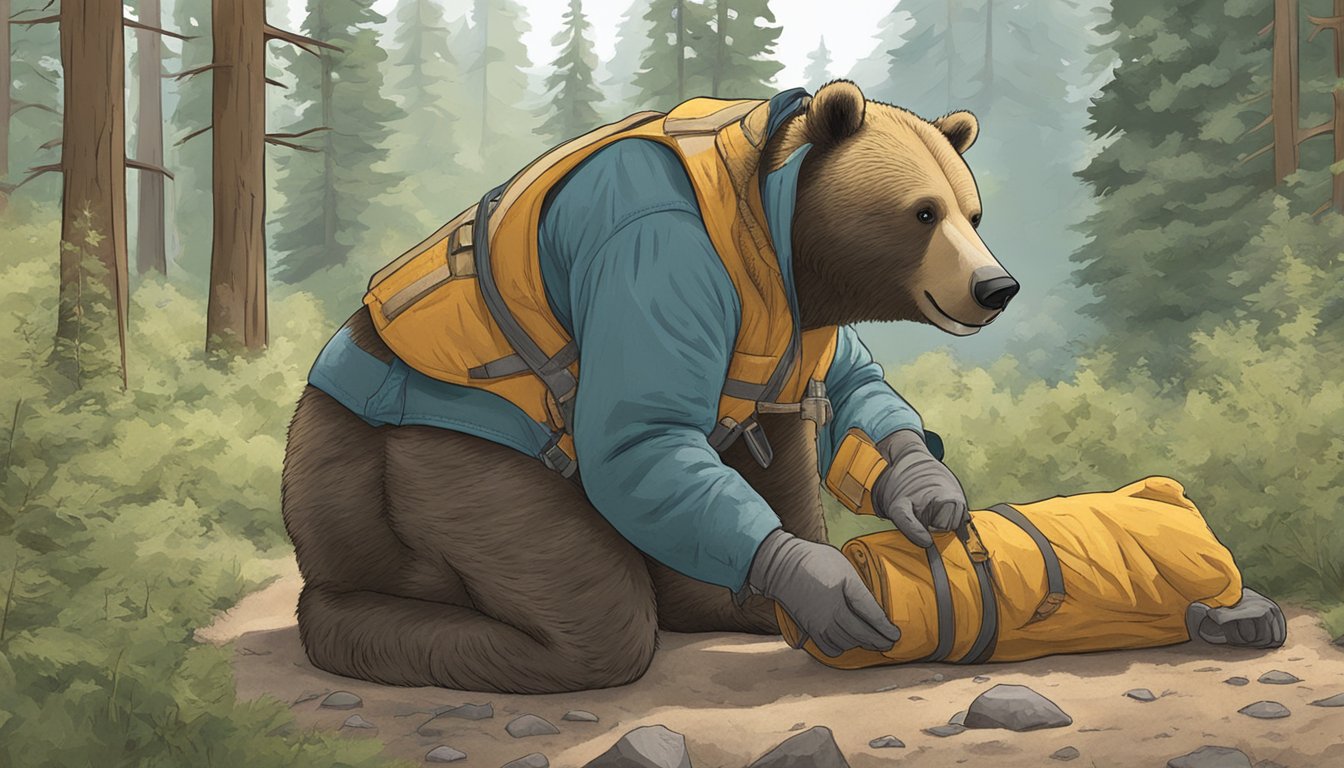 A person demonstrating safety precautions while field dressing a bear