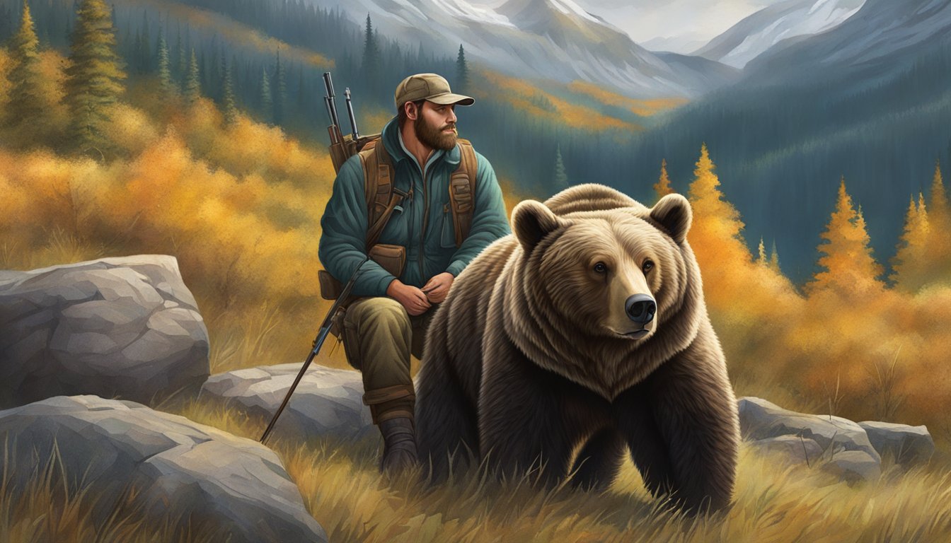 A hunter meticulously field dresses a bear, surrounded by the vast wilderness