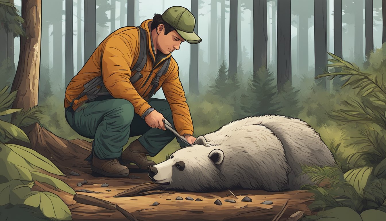 A hunter carefully removes the hide from a bear carcass in a forest clearing