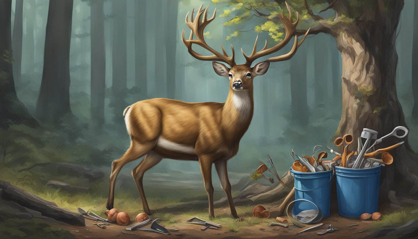 A deer hanging from a tree, its chest cavity open with organs removed, surrounded by tools and a bucket for the entrails