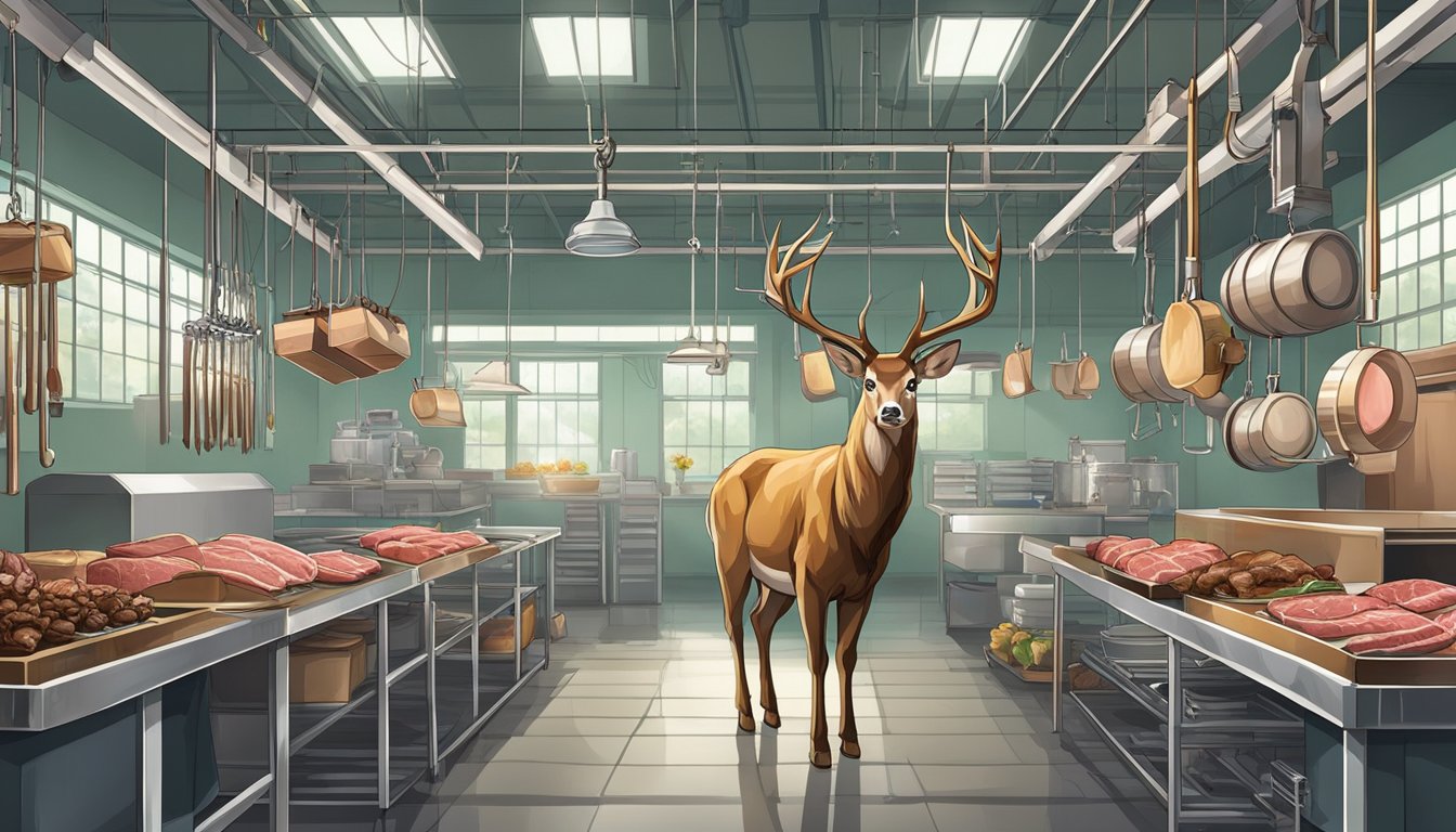 A deer hanging from a hook, surrounded by quality control and meat processing equipment