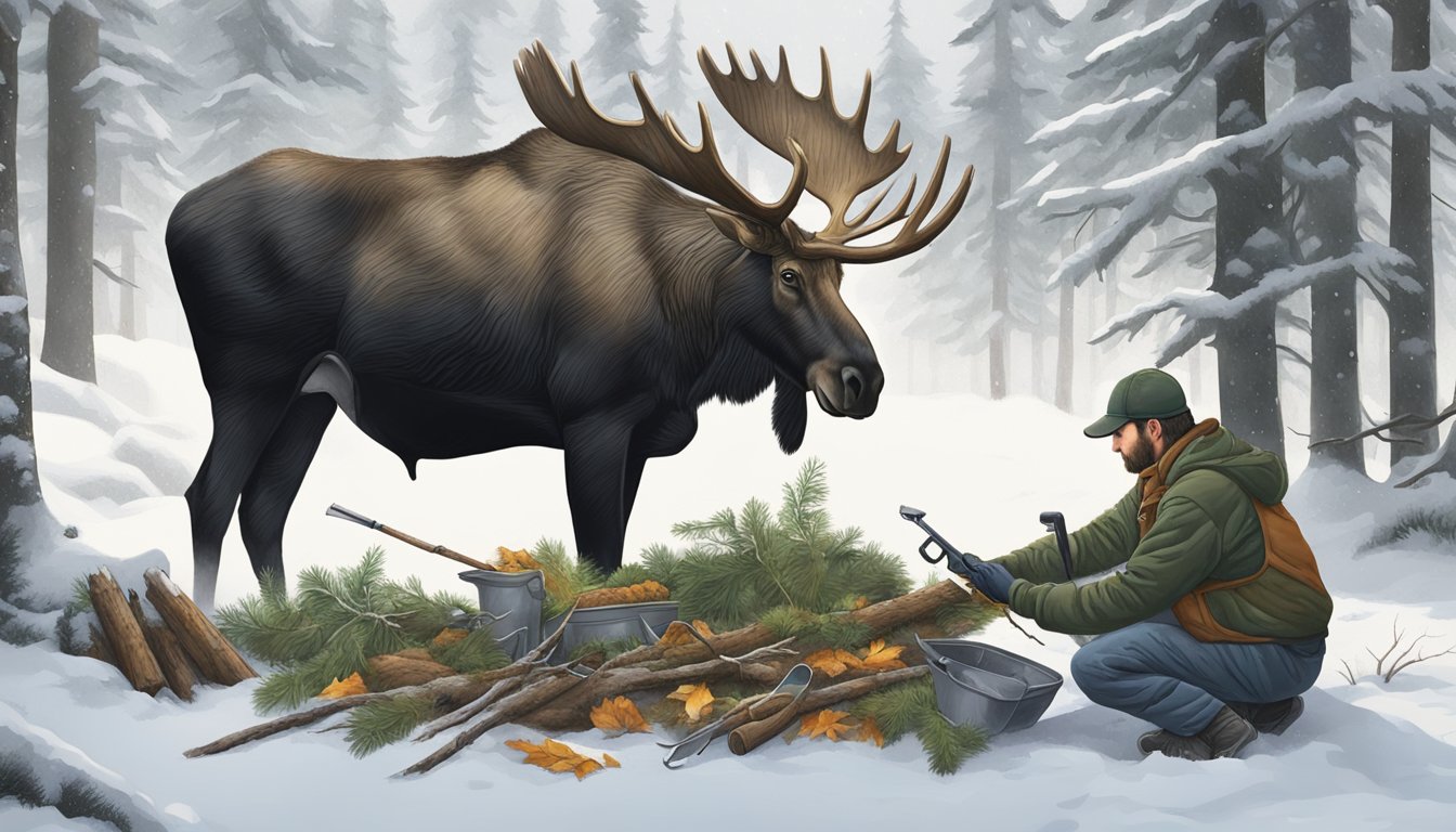 A hunter lays out tools next to a freshly harvested cow moose in a snowy forest clearing