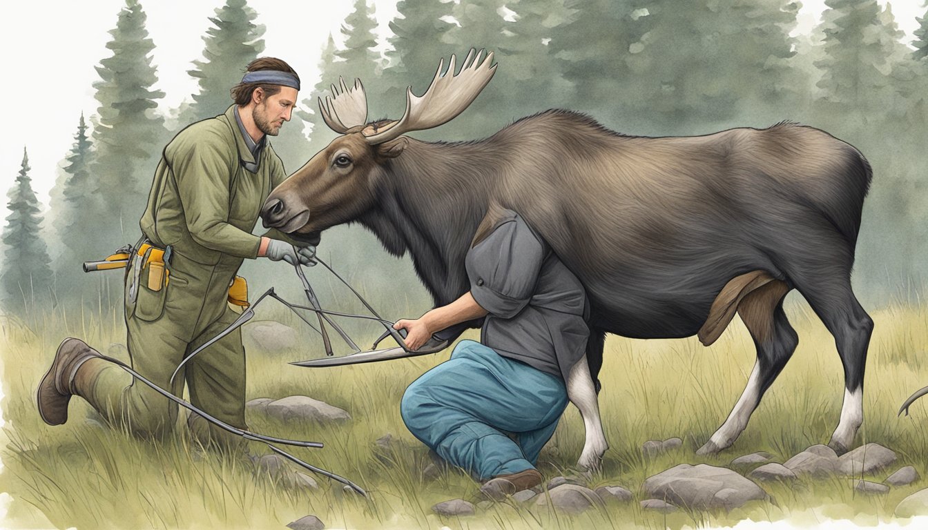 A veterinarian carefully makes the initial incision while field dressing a cow moose