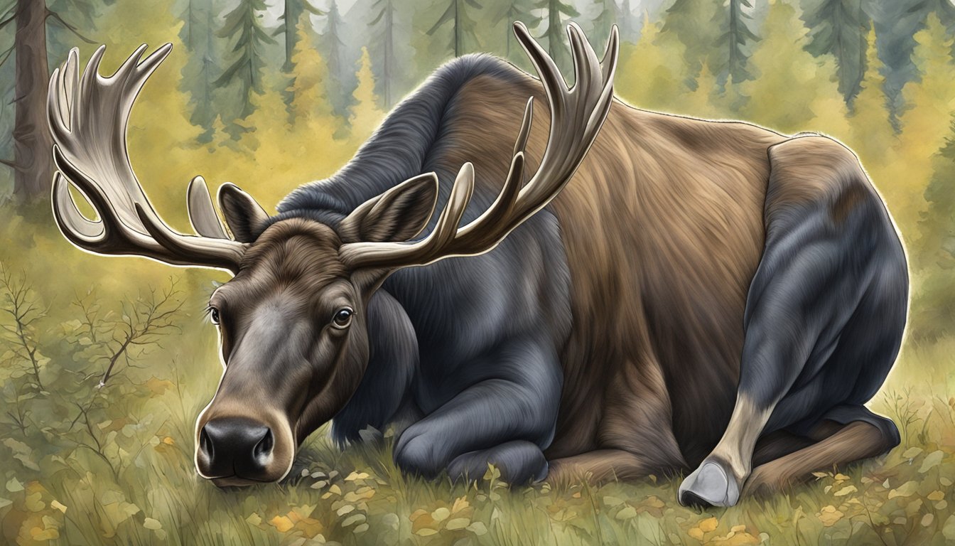 A hunter field dresses a cow moose, removing its internal organs