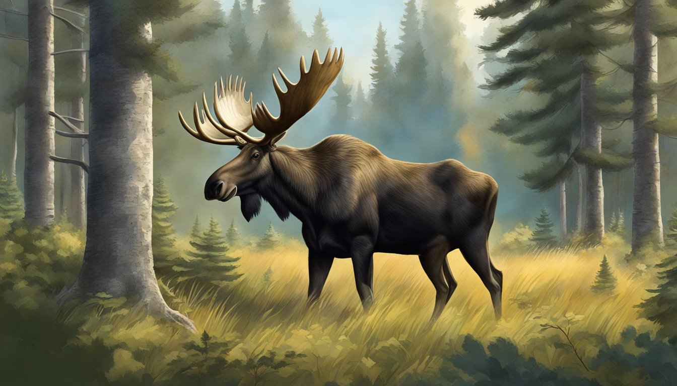 A hunter field dresses a cow moose, surrounded by trees and underbrush in a forest clearing