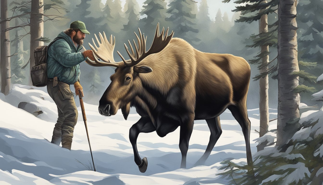 A hunter expertly field dresses a cow moose in the forest