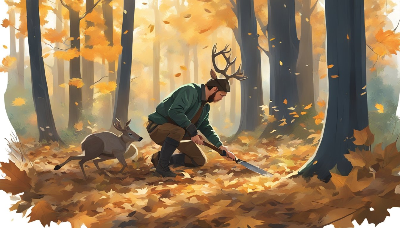 A hunter carefully butchers a deer in a forest clearing, surrounded by fallen leaves and dappled sunlight filtering through the trees