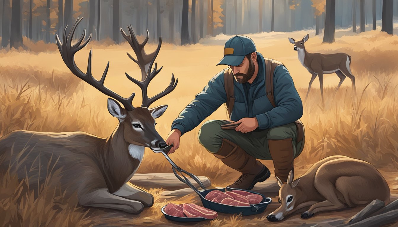 A hunter carefully field dresses a deer, preparing the meat for dinner